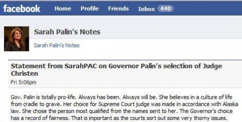 Sarah's Facebook page defending Christen appointment